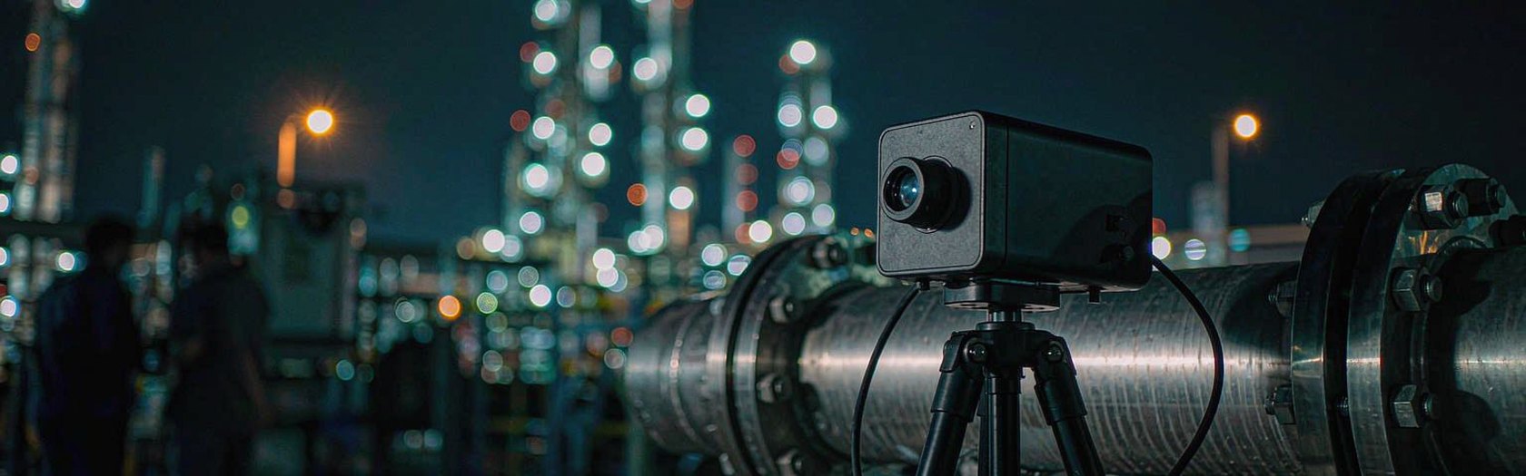 A portable TDLAS gas analyser aimed at a stainless steel pipe flange at an industrial plant at night.