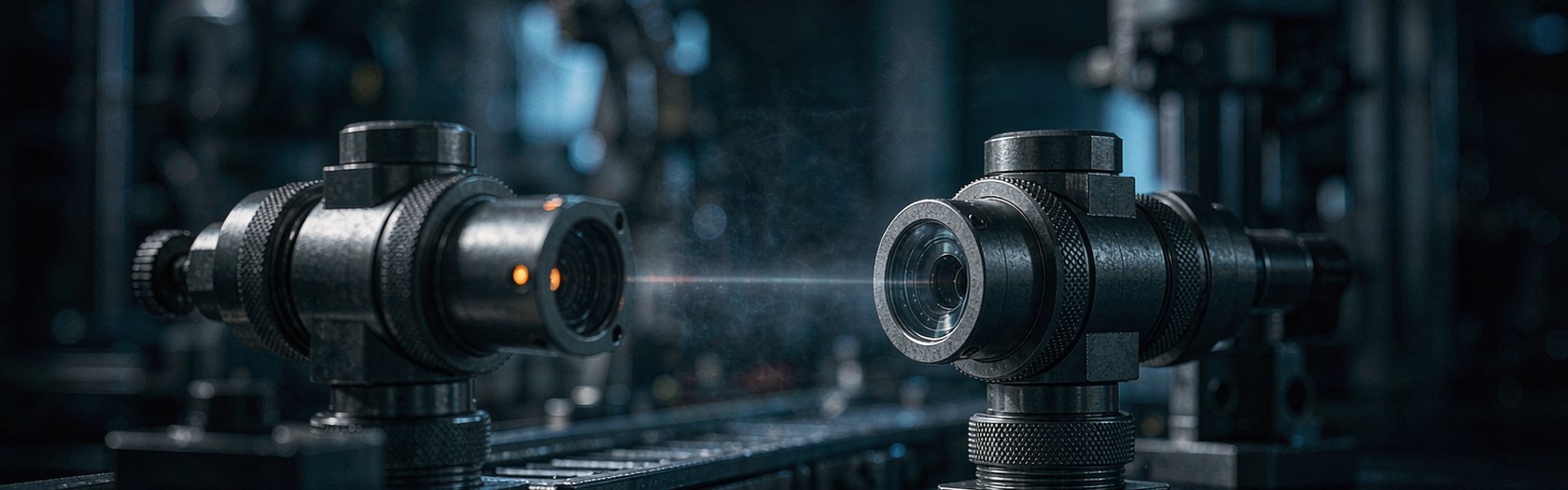 A pair of industrial through-beam photoelectric sensors facing each other across an automated conveyor line.