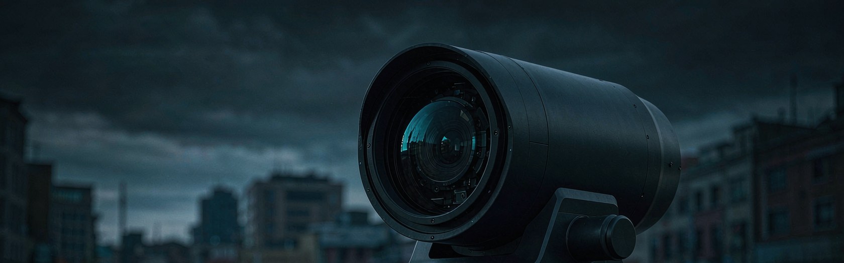 Close-up of a rotating LiDAR sensor head, its glass aperture reflecting a faint cyan glint, on a city street at dusk.