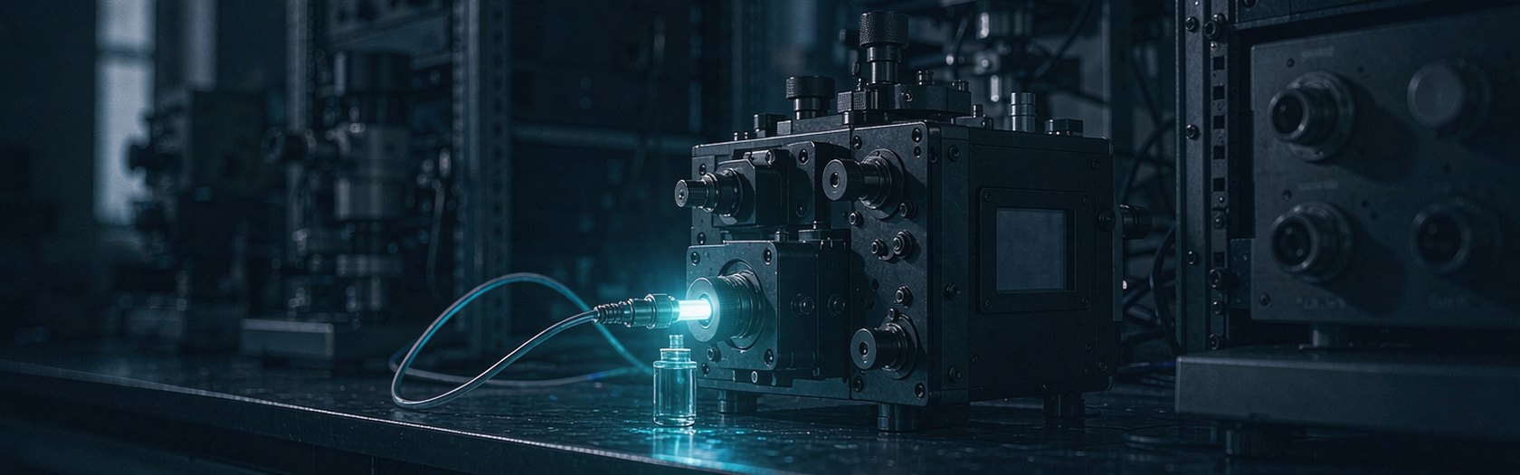 A fibre-coupled laser light engine on a laboratory bench, its output glowing with cyan excitation light.